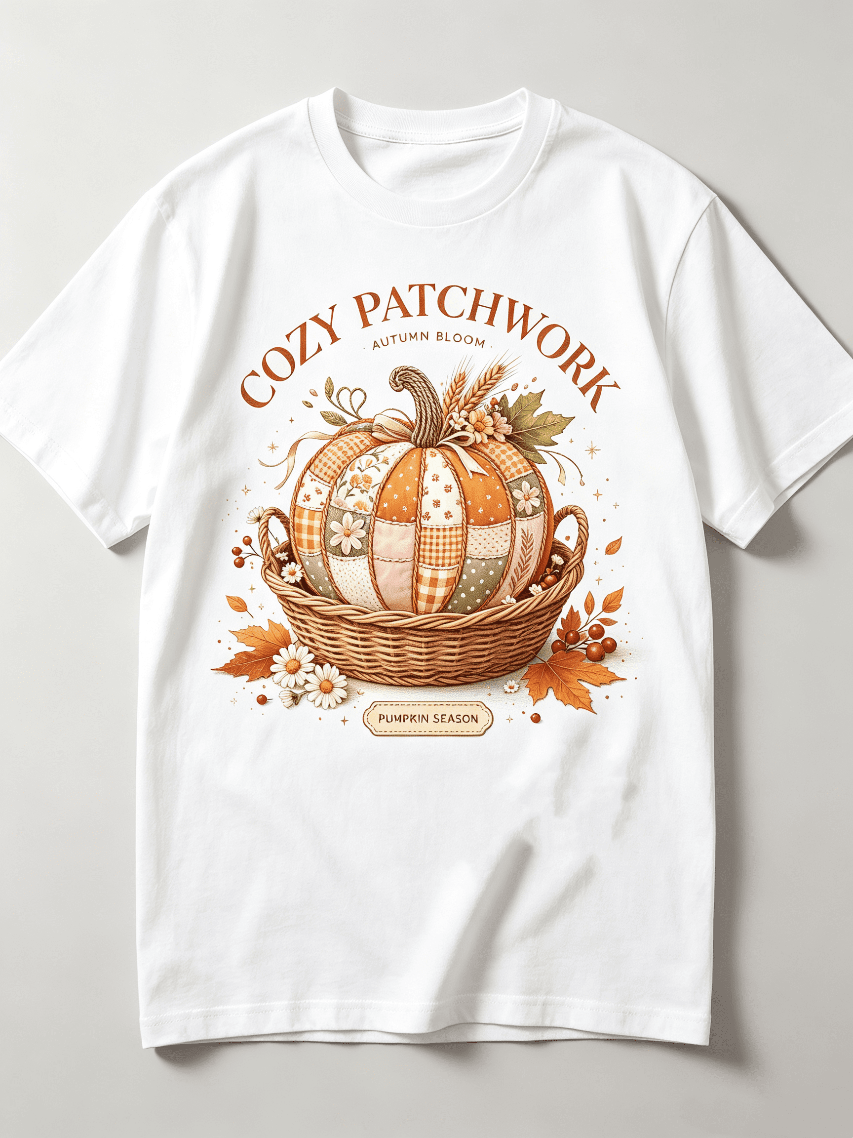 Vintage Fall Patchwork Pumpkin Maple Leaf Daisy Wheat Cozy Cottage Novelty Casual Tee