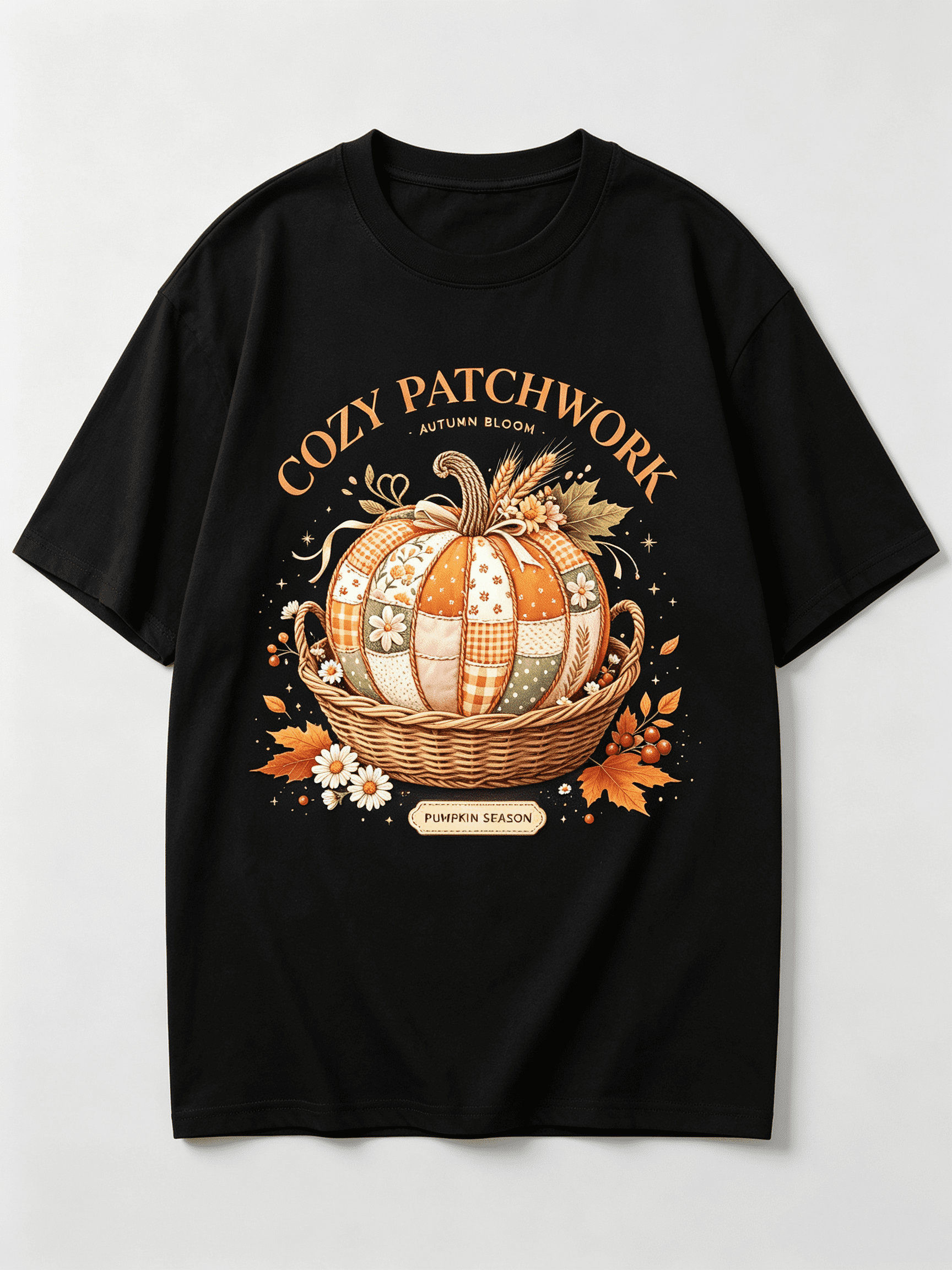 Vintage Fall Patchwork Pumpkin Maple Leaf Daisy Wheat Cozy Cottage Novelty Casual Tee