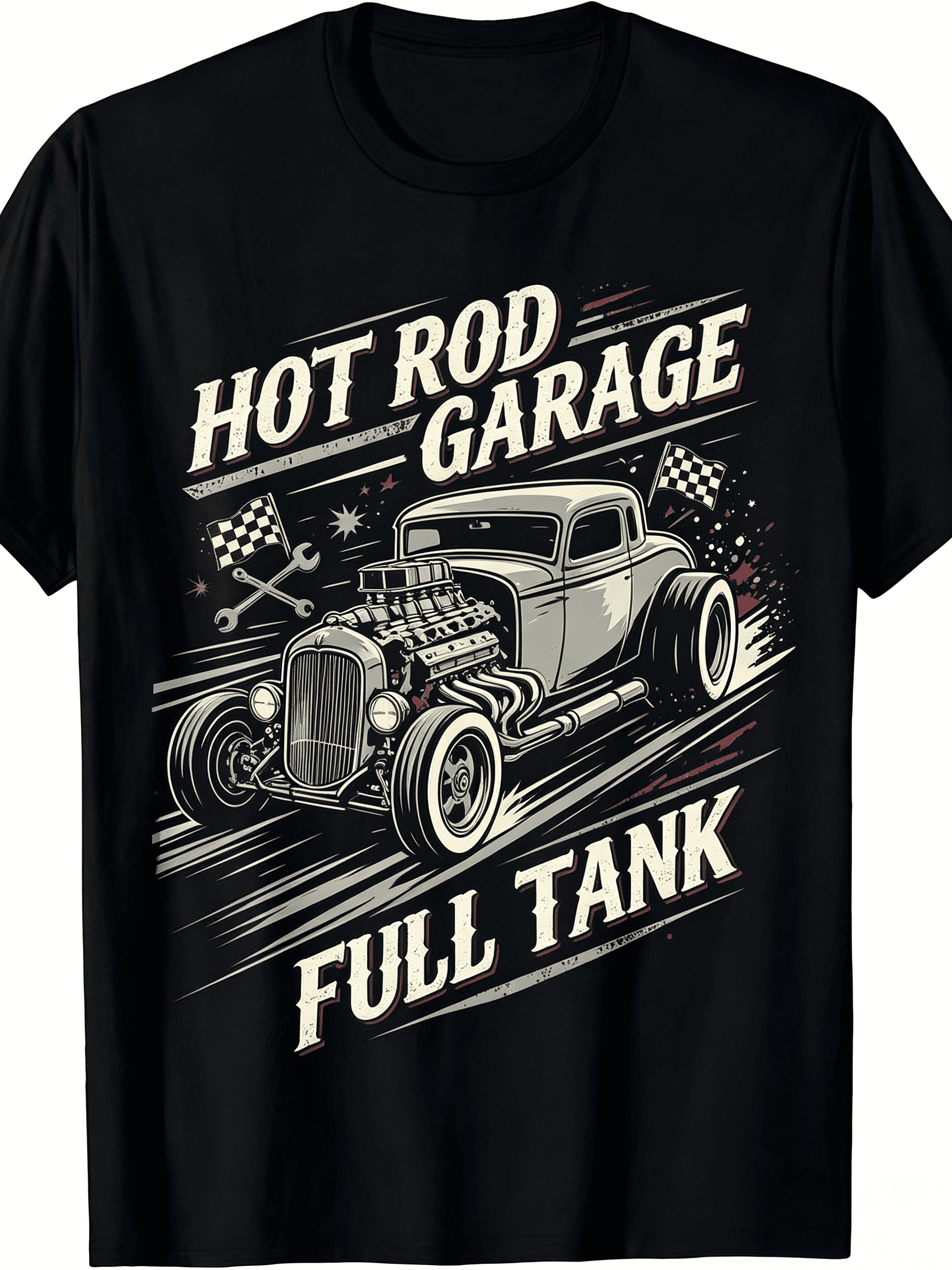 Vintage Hot Rod Garage Full Tank Graphic T-Shirt, Men Crew Neck Short Sleeve Retro Race Car Mechanic Casual Summer Top