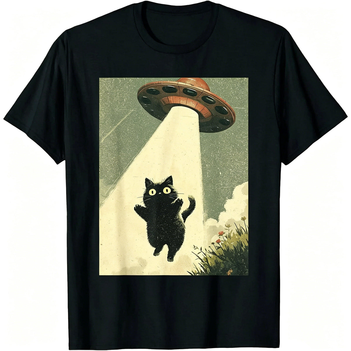 Vintage Japanese Cat Alien Cat Dad UFO Abduction Graphic Tee T-Shirt Outfits Black