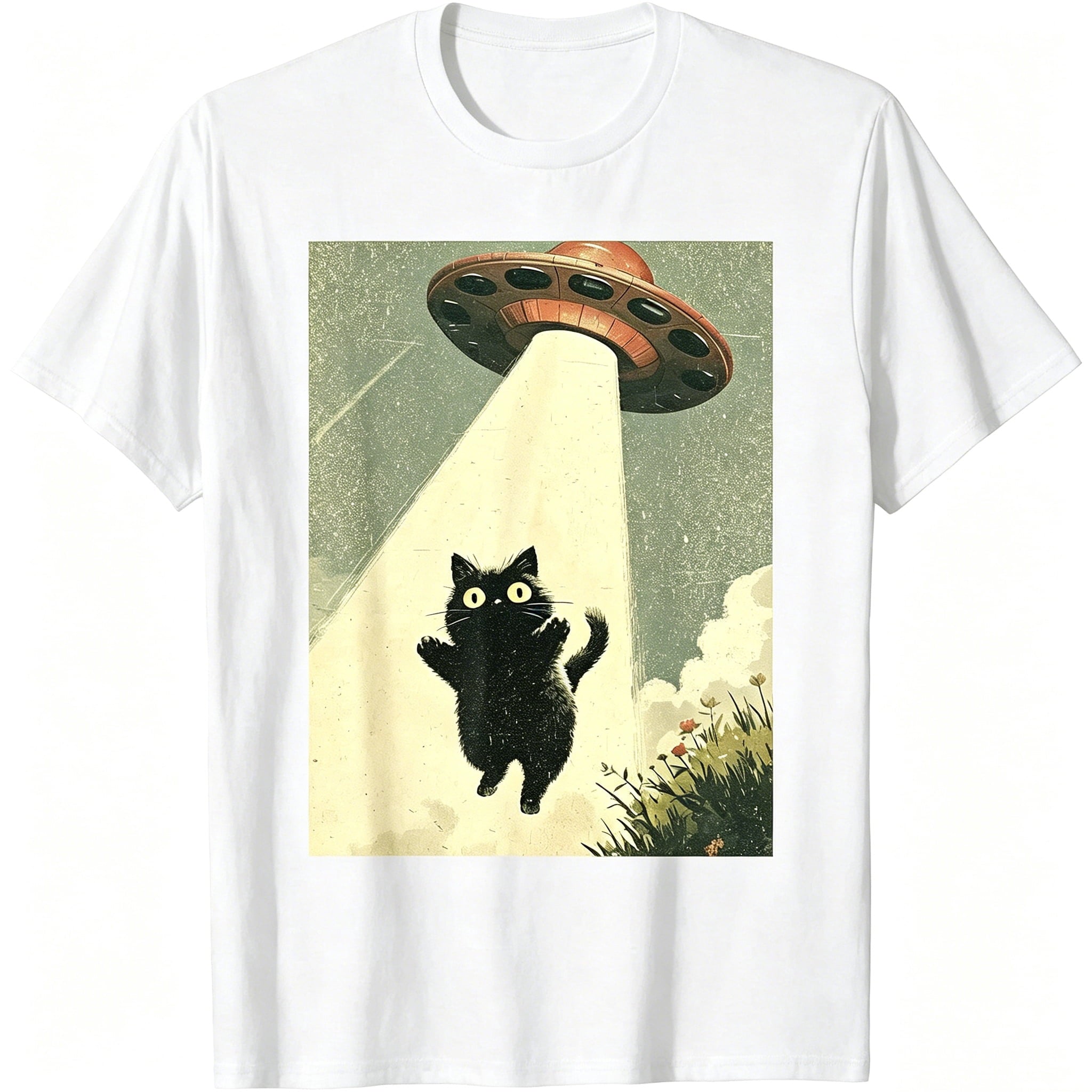 Vintage Japanese Cat Alien Cat Dad UFO Abduction Graphic Tee T-Shirt Outfits Black
