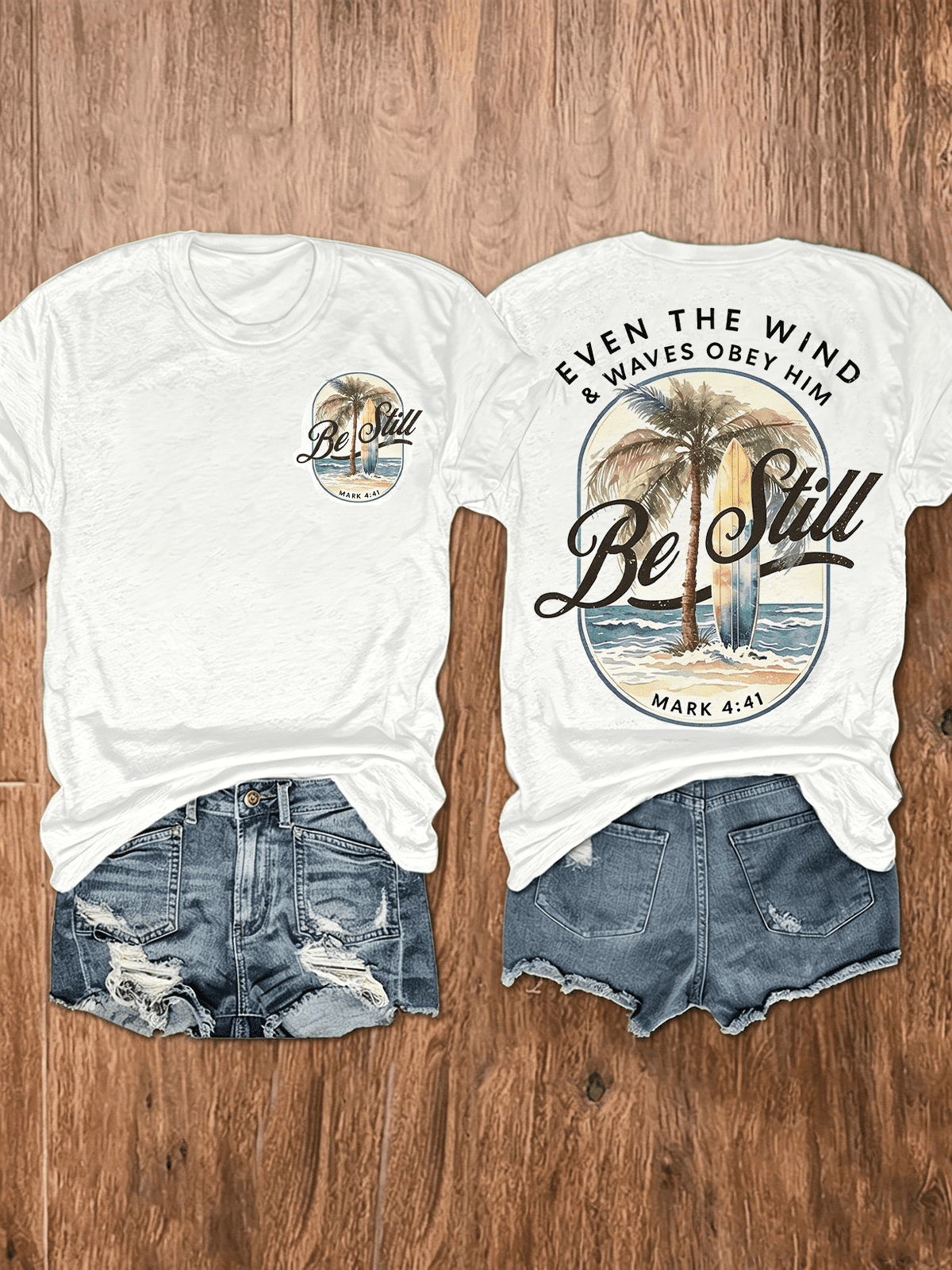 Vintage Oval Be Still Palm Tree Surfboard Beach Bible Verse T-Shirt, Even The Wind & Waves Obey Him Religious Faith Back Graphic Casual Shirt