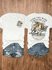 Vintage Oval Be Still Palm Tree Surfboard Beach Bible Verse T-Shirt, Even The Wind & Waves Obey Him Religious Faith Back Graphic Casual Shirt