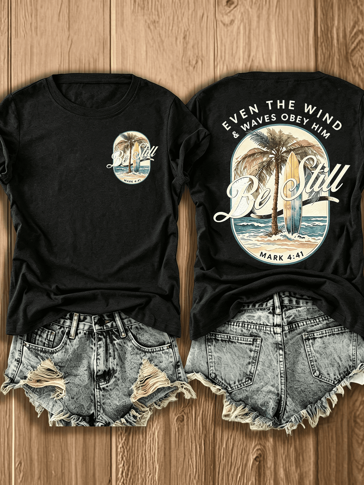 Vintage Oval Be Still Palm Tree Surfboard Beach Bible Verse T-Shirt, Even The Wind & Waves Obey Him Religious Faith Back Graphic Casual Shirt