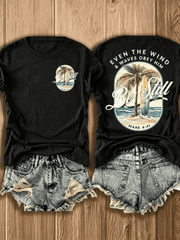 Vintage Oval Be Still Palm Tree Surfboard Beach Bible Verse T-Shirt, Even The Wind & Waves Obey Him Religious Faith Back Graphic Casual Shirt