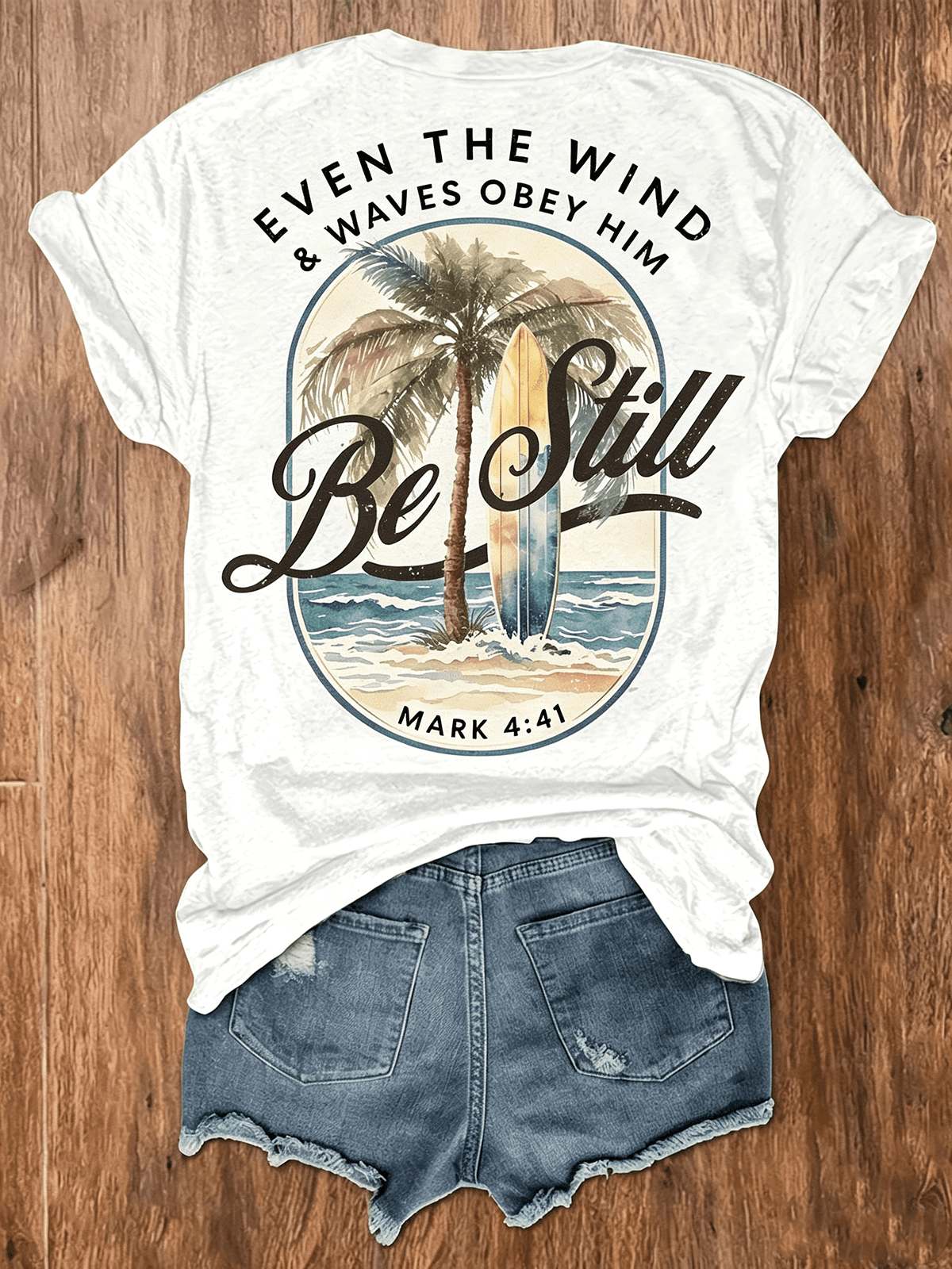 Vintage Oval Be Still Palm Tree Surfboard Beach Bible Verse T-Shirt, Even The Wind & Waves Obey Him Religious Faith Back Graphic Casual Shirt