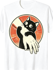 Vintage Retro Black Cat Biting Hand Funny Kitten Cartoon Graphic T-Shirt
