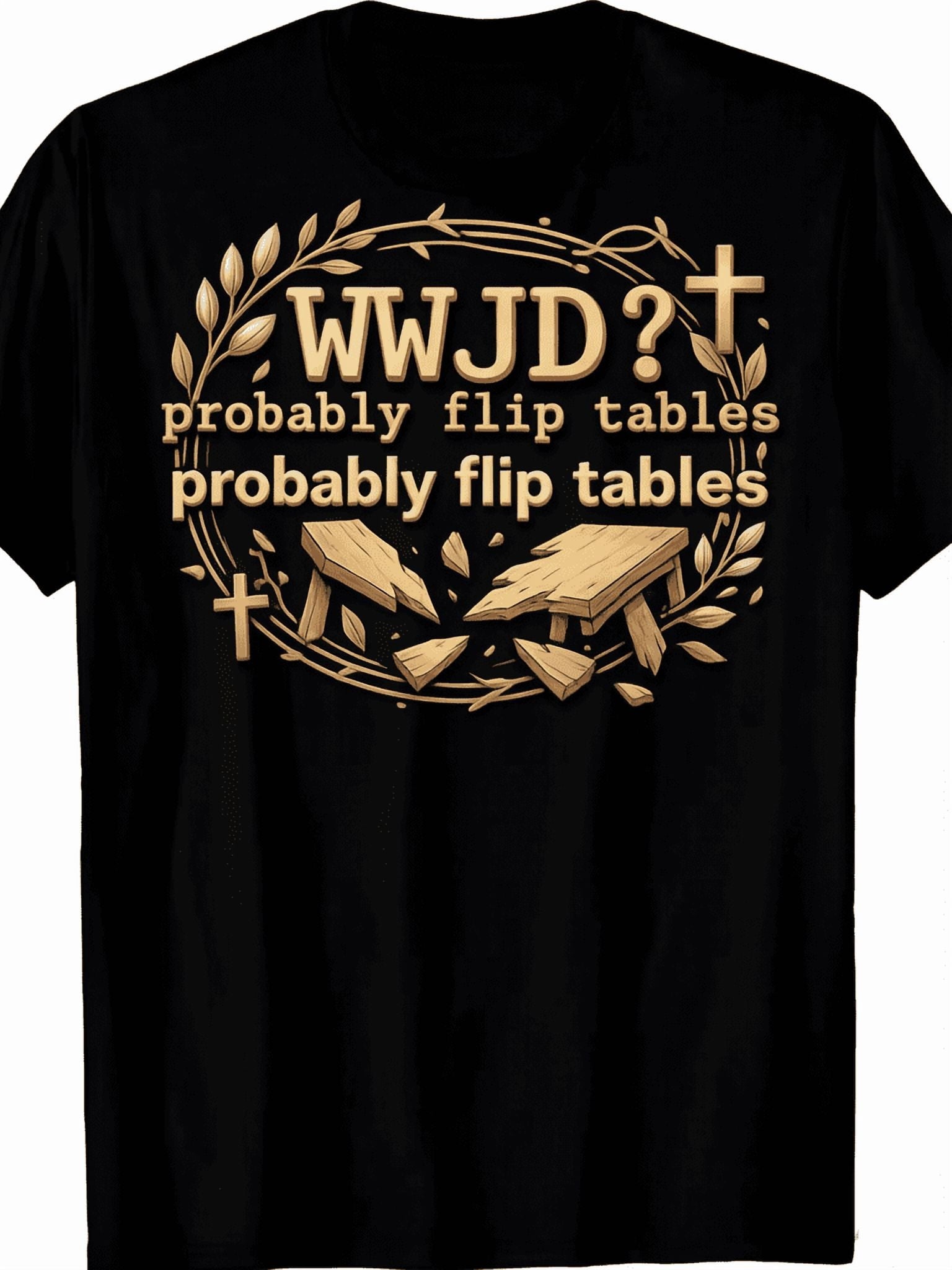 WWJD Probably Flip Tables Funny Christian Cross Wreath Broken Table Graphic T-Shirt Faith Humor Casual Tee