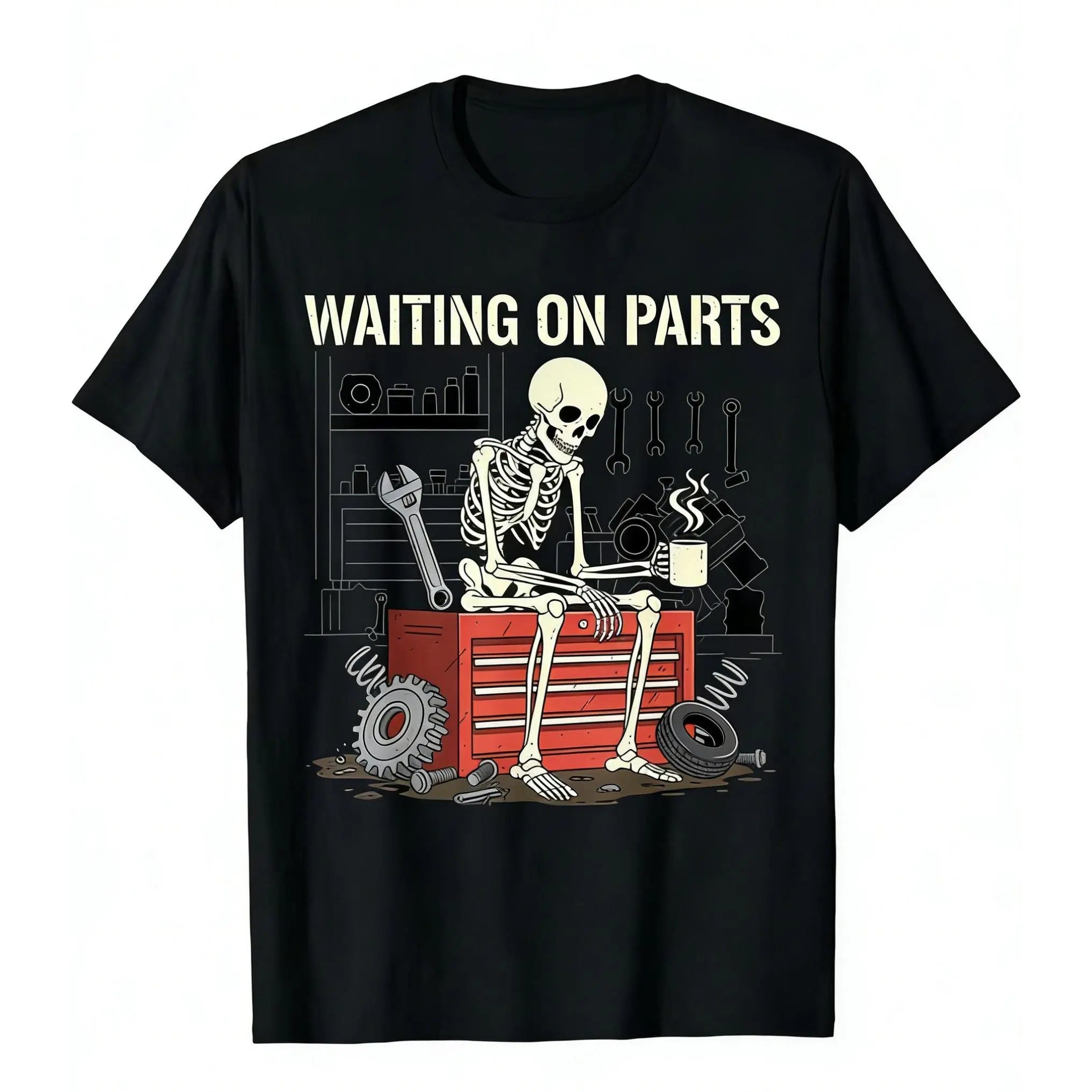 Waiting On Parts Funny Skeleton Auto Mechanic Technician T-Shirt For Men Women Couple | Trendy Tops Short Sleeve, Street Style, Comfort Tee, Casual Summer Tee, Must-Have Fashionable Tee
