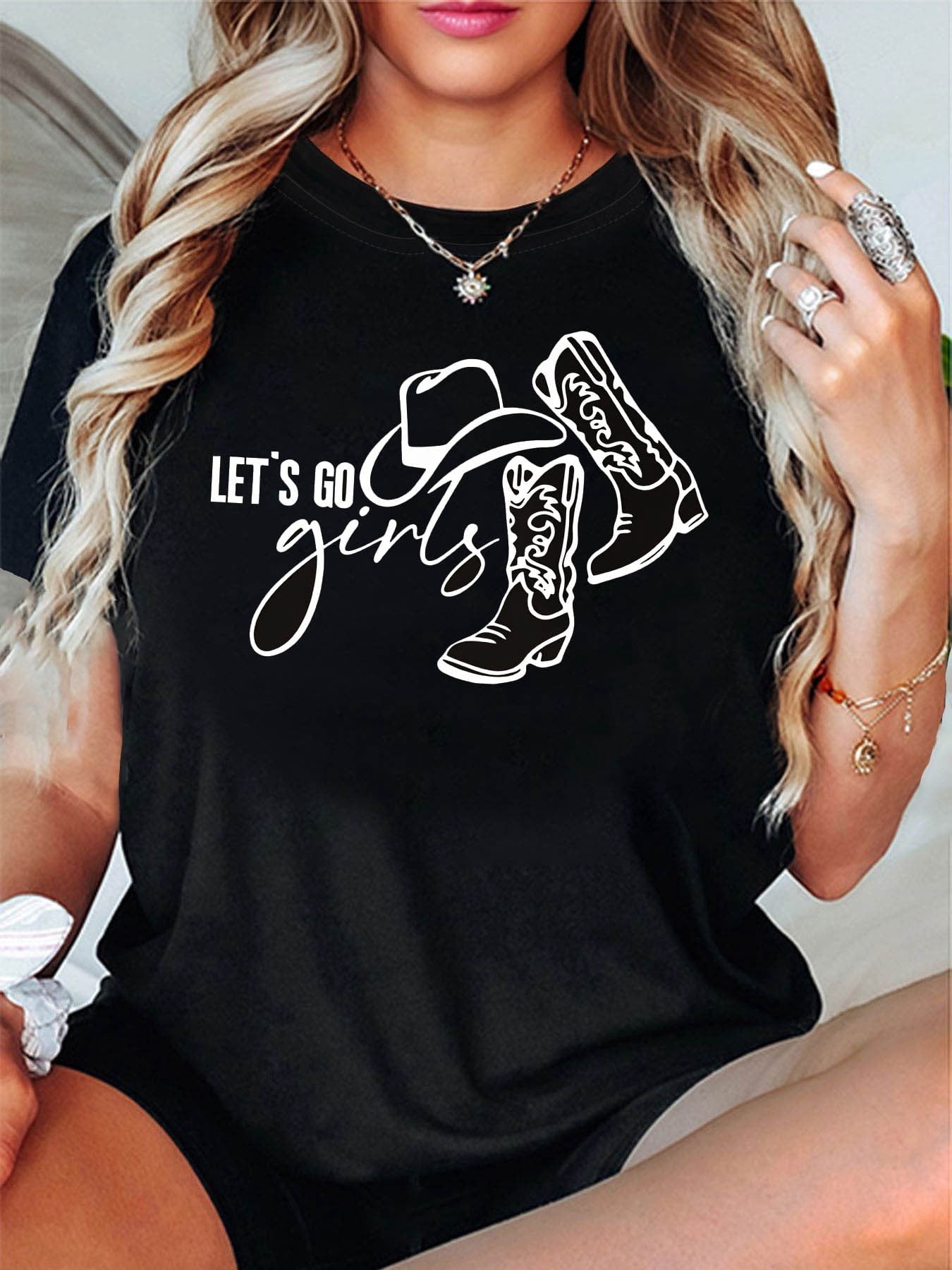 Western Cowboy Style 'Let'S Go ' Printed Women'S Round Neck Short Sleeve T-Shirt for Spring And Summer