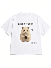 White Cotton Graphic Tee, Cute Hamster Korean Coffee Meme Print Kawaii Casual Daily Top For Women Teens