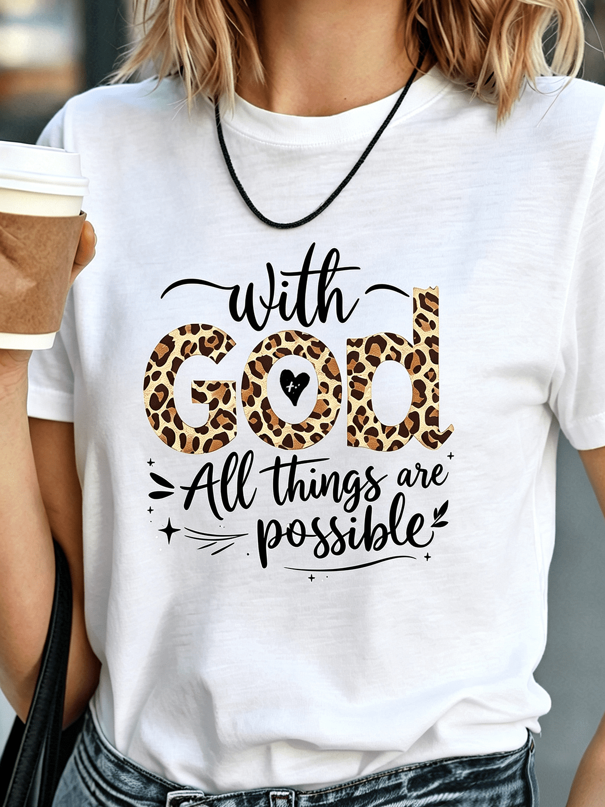 With God All Things Are Possible Leopard Print Heart Christian T-Shirt, Inspirational Religious Boho Leopard Pattern Women's Short Sleeve Tee