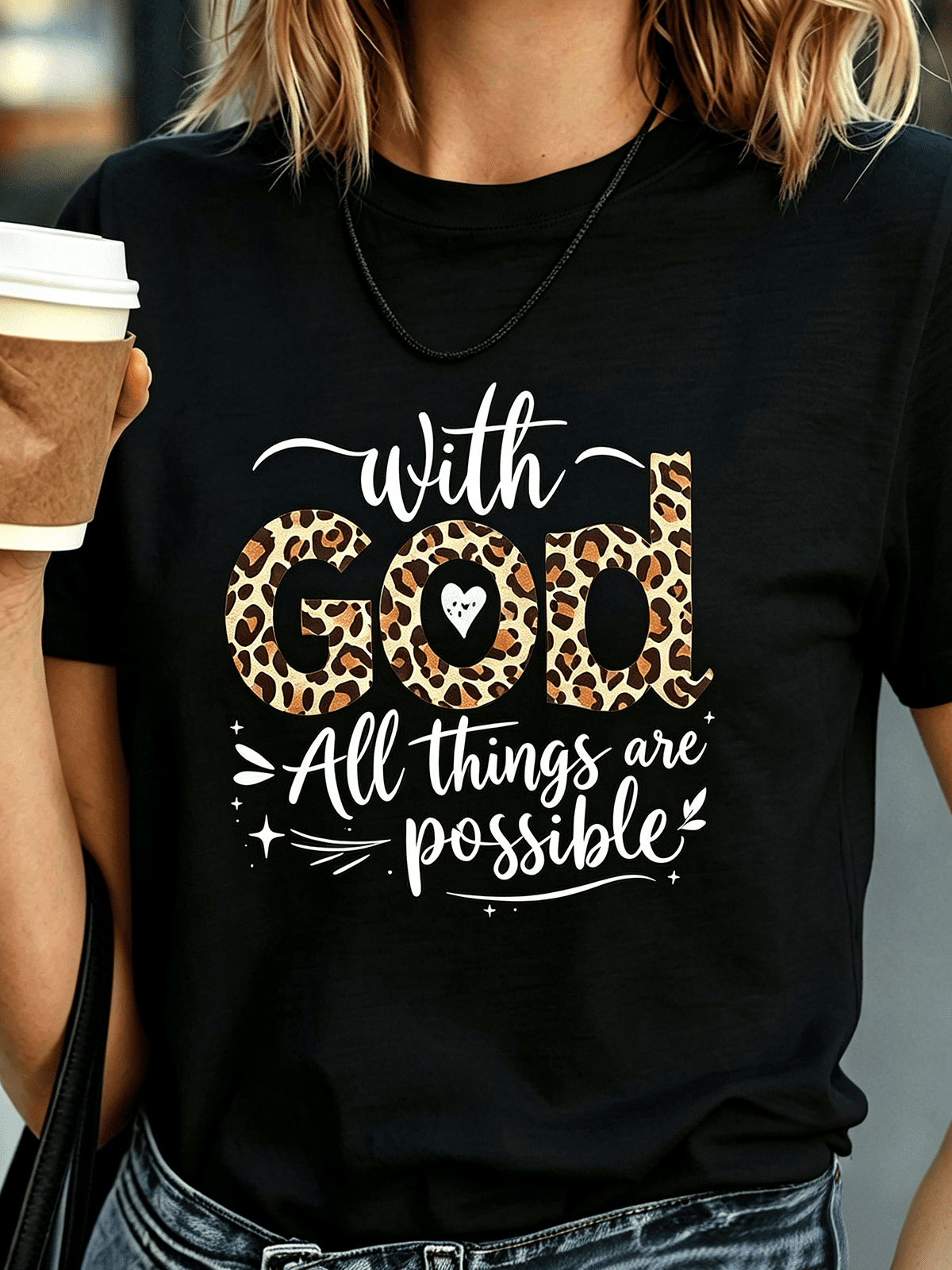 With God All Things Are Possible Leopard Print Heart Christian T-Shirt, Inspirational Religious Boho Leopard Pattern Women's Short Sleeve Tee