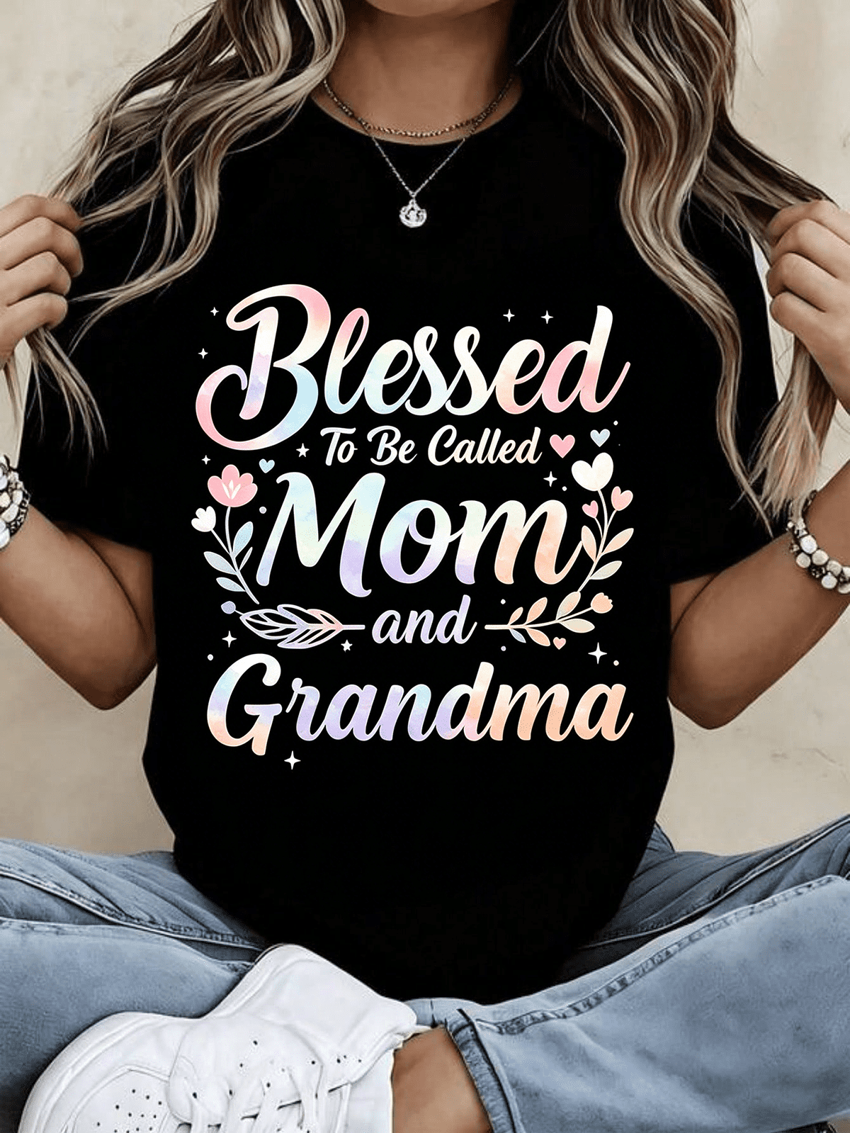 Women Blessed To Be Called Mom And Grandma Gradient Graphic T-Shirt Grandma Gift Casual Top