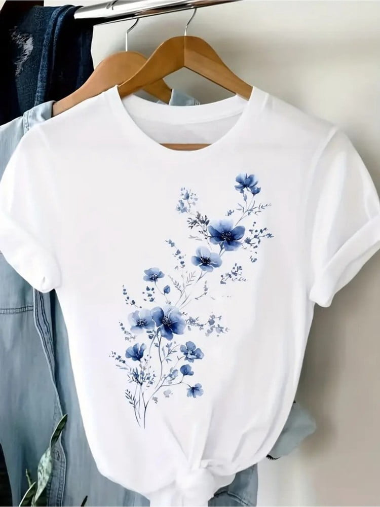 Women Blue Floral Graphic T-Shirt, Cute Flower Casual Crew Neck Short Sleeve Tee, Soft Lightweight Top for Spring Summer
