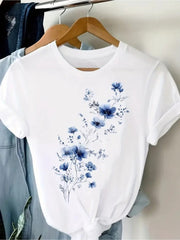 Women Blue Floral Graphic T-Shirt, Cute Flower Casual Crew Neck Short Sleeve Tee, Soft Lightweight Top for Spring Summer