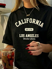 Women' California Los Angeles Print TShirt Crew Neck Casual Cotton Tee Medium Stretch Knit Fabric Regular Fit For Female Ladies