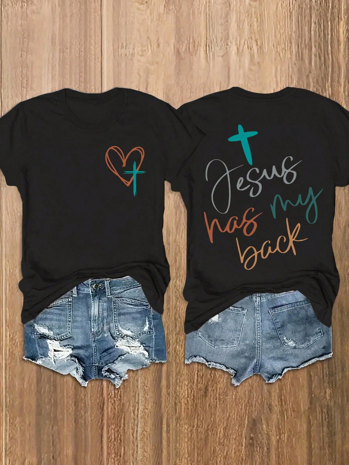 Women Casual Heart & Cross Logo Print Round Neck T-Shirt, Summer