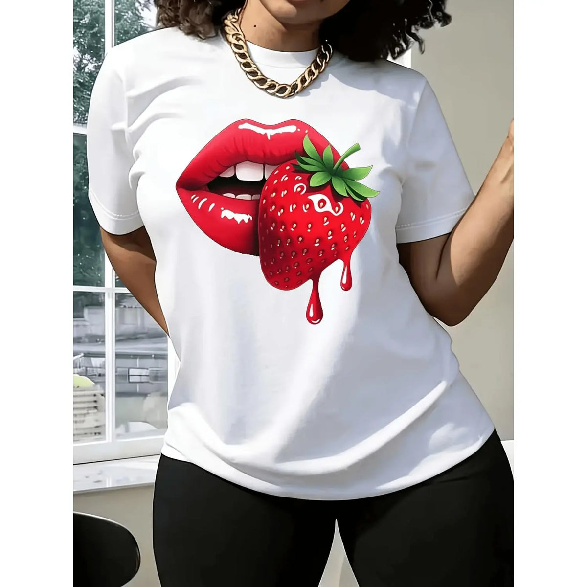 Women Casual T Shirt Featuring Strawberry Lip Print Comfortable Fit Short Sleeve Machine Washable Ideal for Spring Summer and Fall Perfect Gift for Sisters