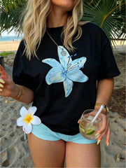 Women Clothes Blue Lily Flower Print White TShirt, Unisex Casual Crew Neck Tshirt