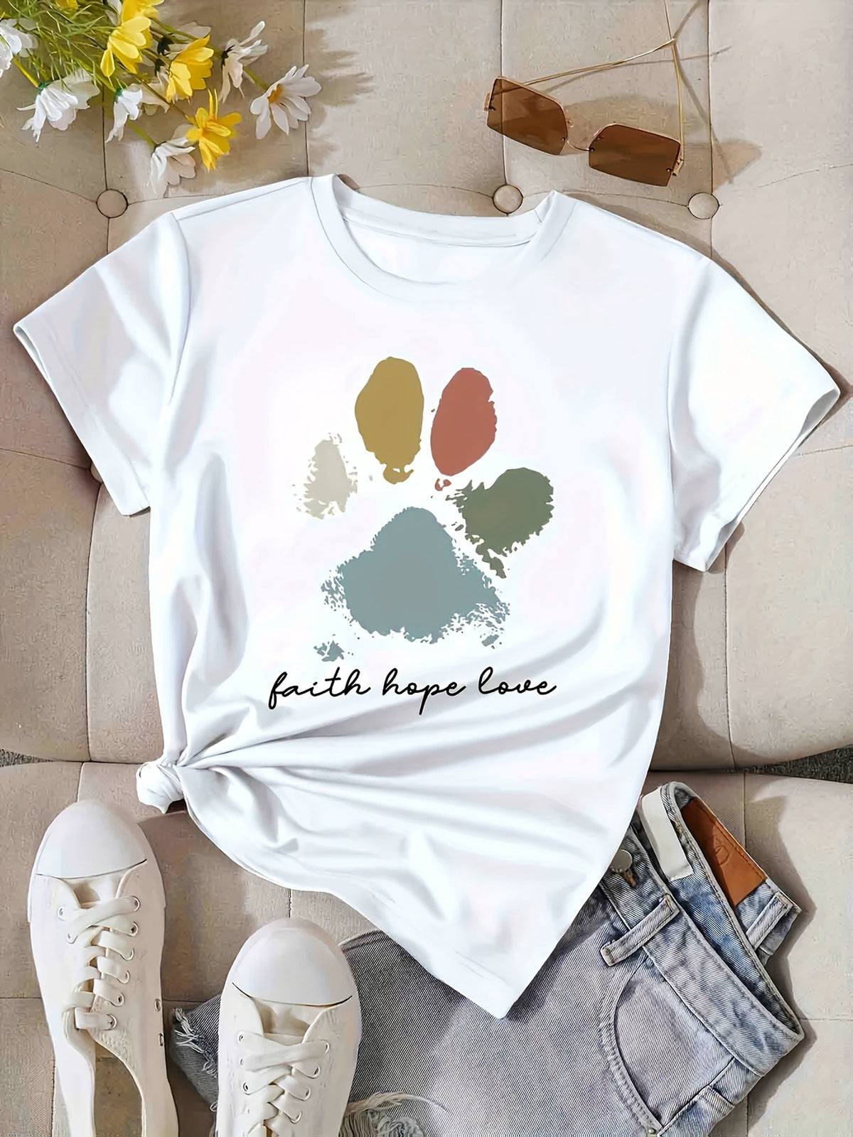 Women' & Cute Paw Print T-Shirt - Short Sleeve Round Neck Summer Top with Dog & Paw