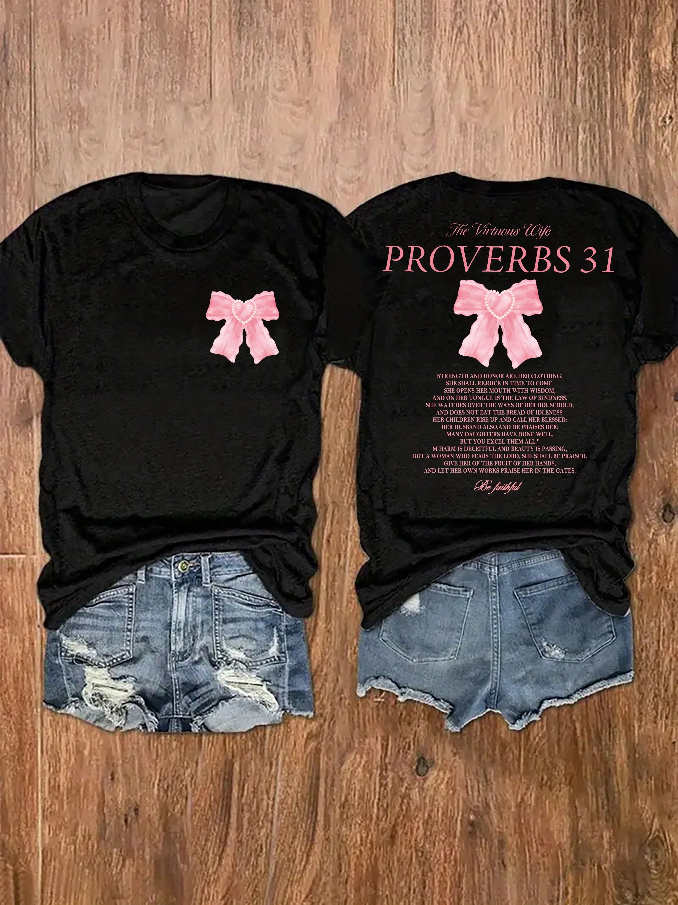 Women Double Sided Proverbs 31 The Virtuous Wife Pink Bow Graphic T-Shirt Christian Faith Inspirational Scripture Casual Short Sleeve Tee
