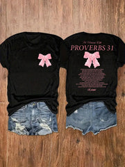 Women Double Sided Proverbs 31 The Virtuous Wife Pink Bow Graphic T-Shirt Christian Faith Inspirational Scripture Casual Short Sleeve Tee