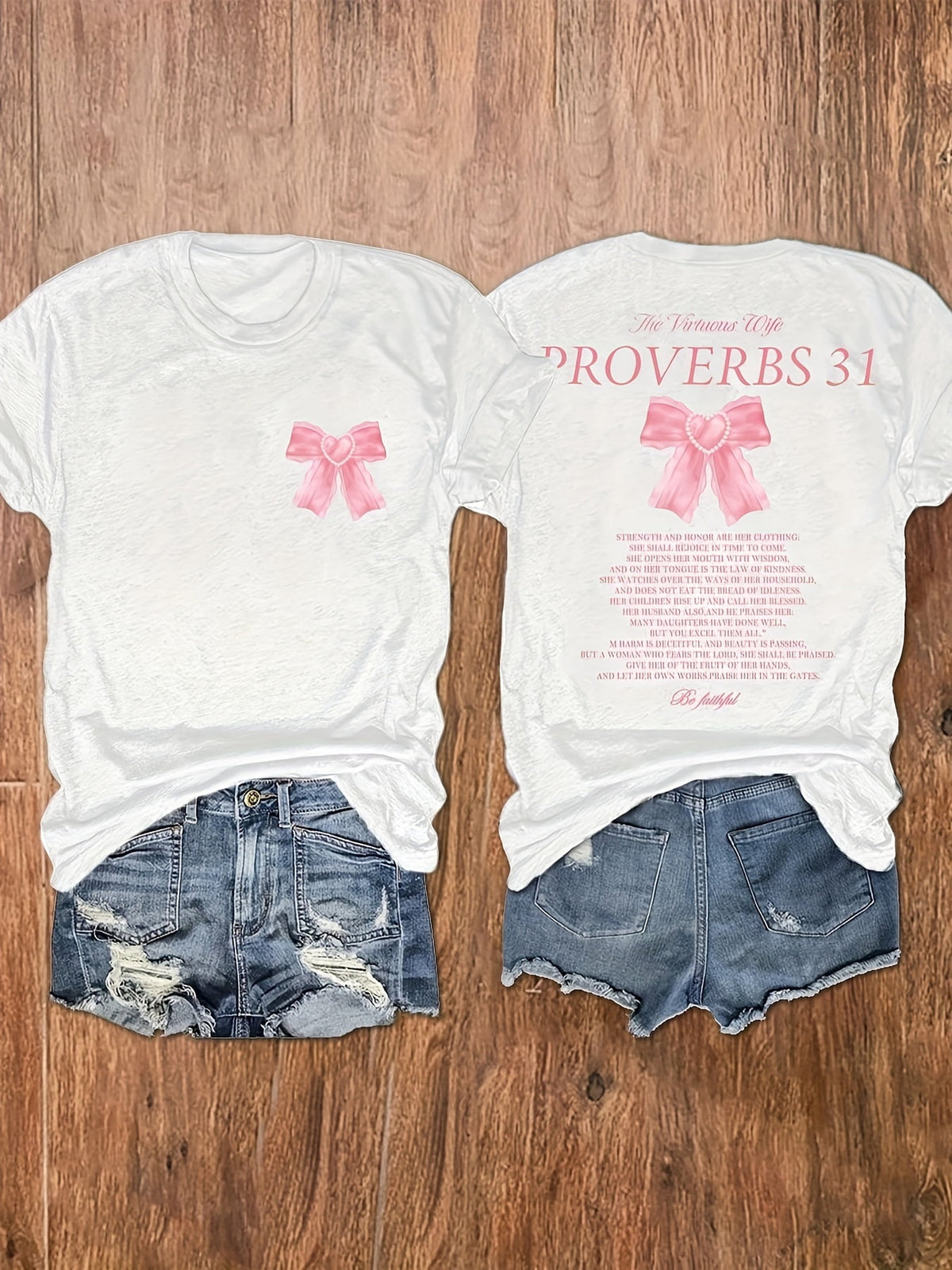 Women Double Sided Proverbs 31 The Virtuous Wife Pink Bow Graphic T-Shirt Christian Faith Inspirational Scripture Casual Short Sleeve Tee