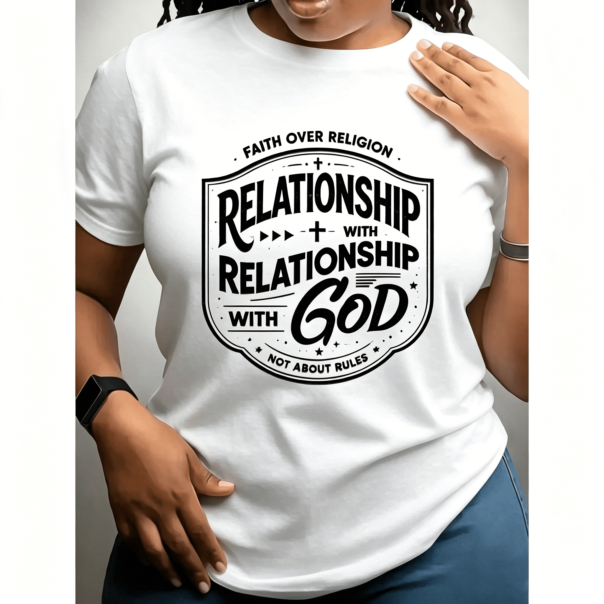 Women Faith Over Religion Relationship With God Badge Graphic T-Shirt Christian Religious Top