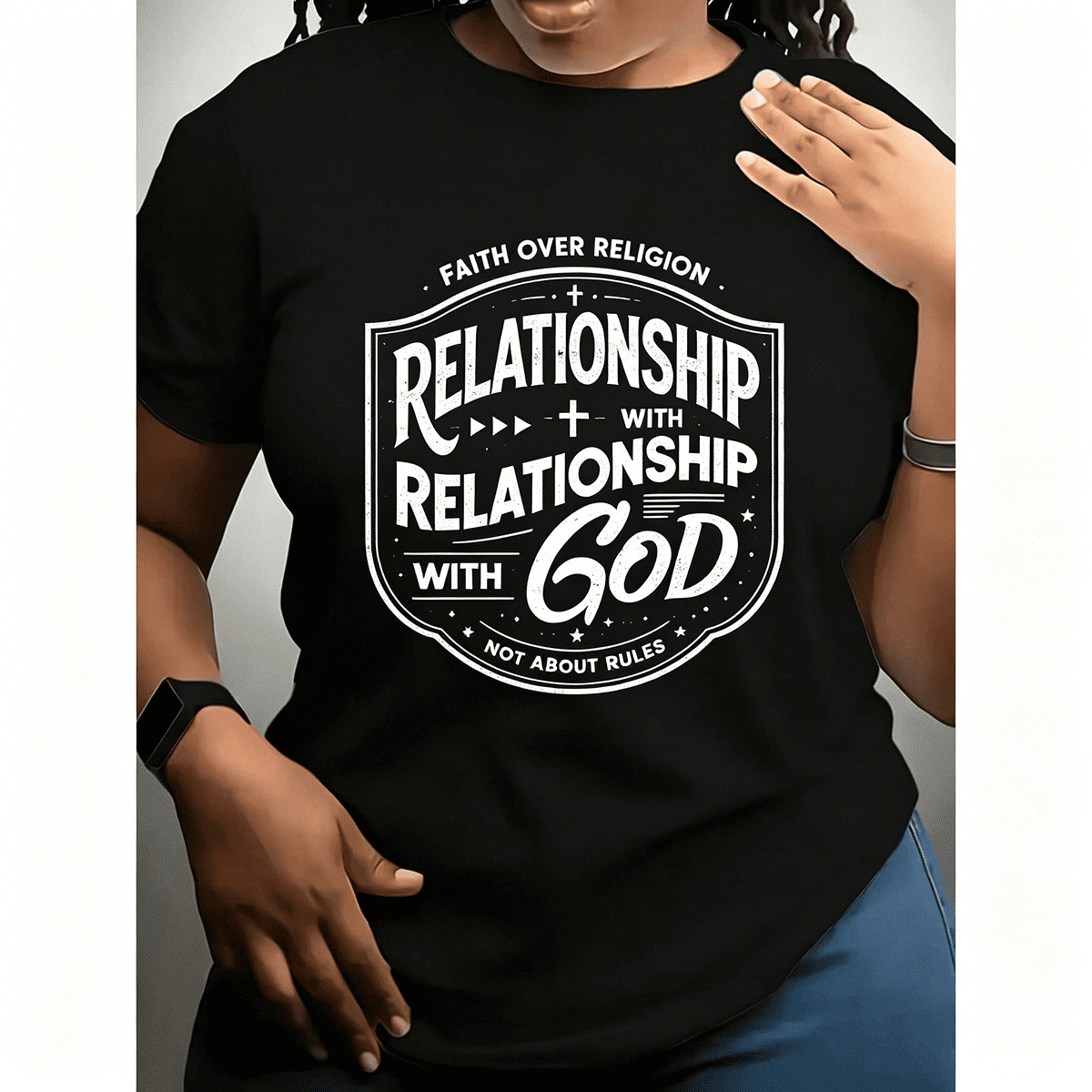 Women Faith Over Religion Relationship With God Badge Graphic T-Shirt Christian Religious Top