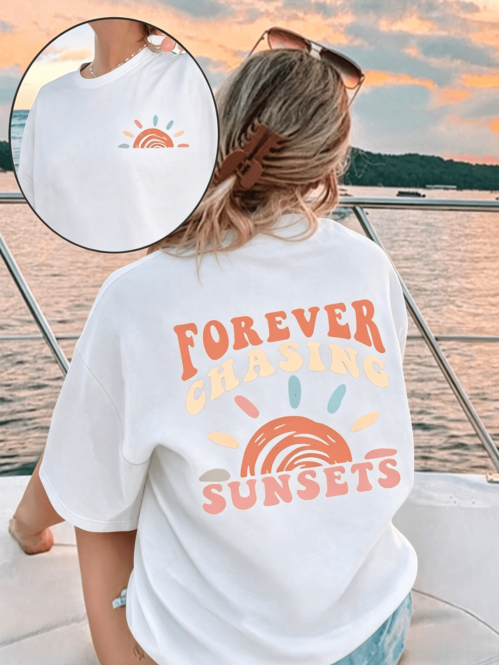 Women Forever Chasing Sunsets Double Sided Sunset Graphic Crew Neck Short Sleeve Casual Summer Beach Vacation Tee