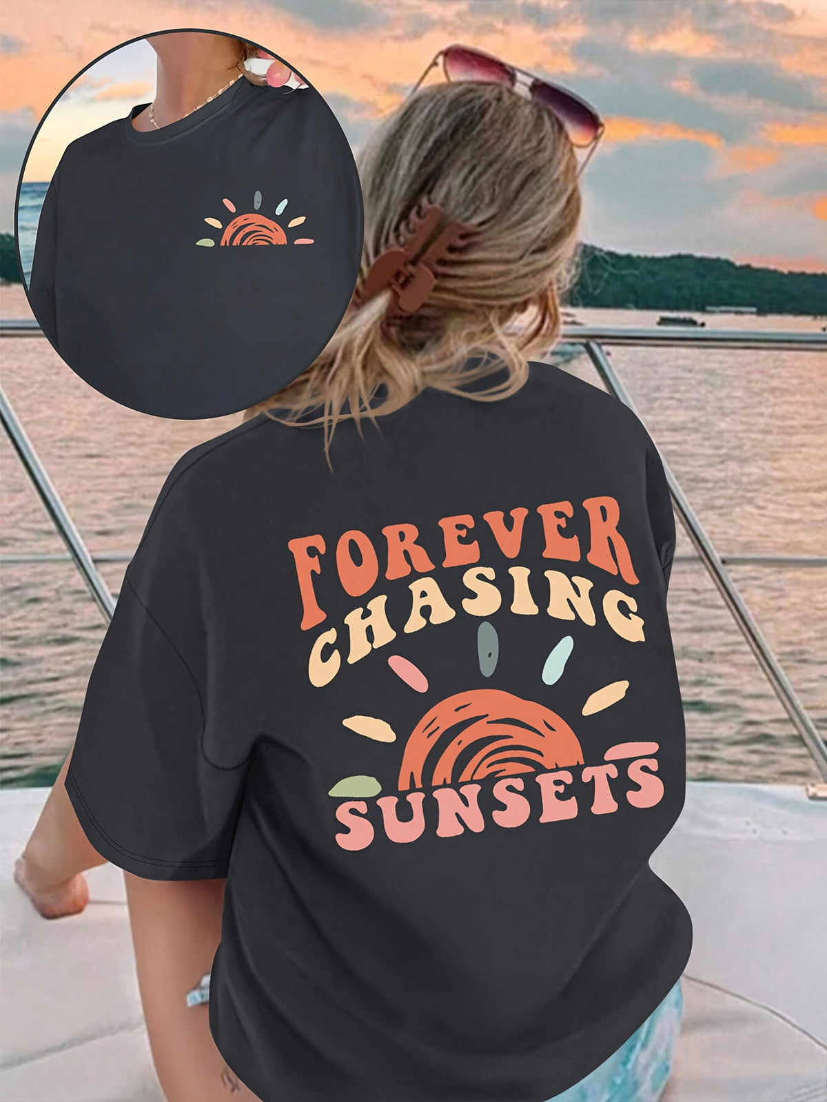 Women Forever Chasing Sunsets Double Sided Sunset Graphic Crew Neck Short Sleeve Casual Summer Beach Vacation Tee