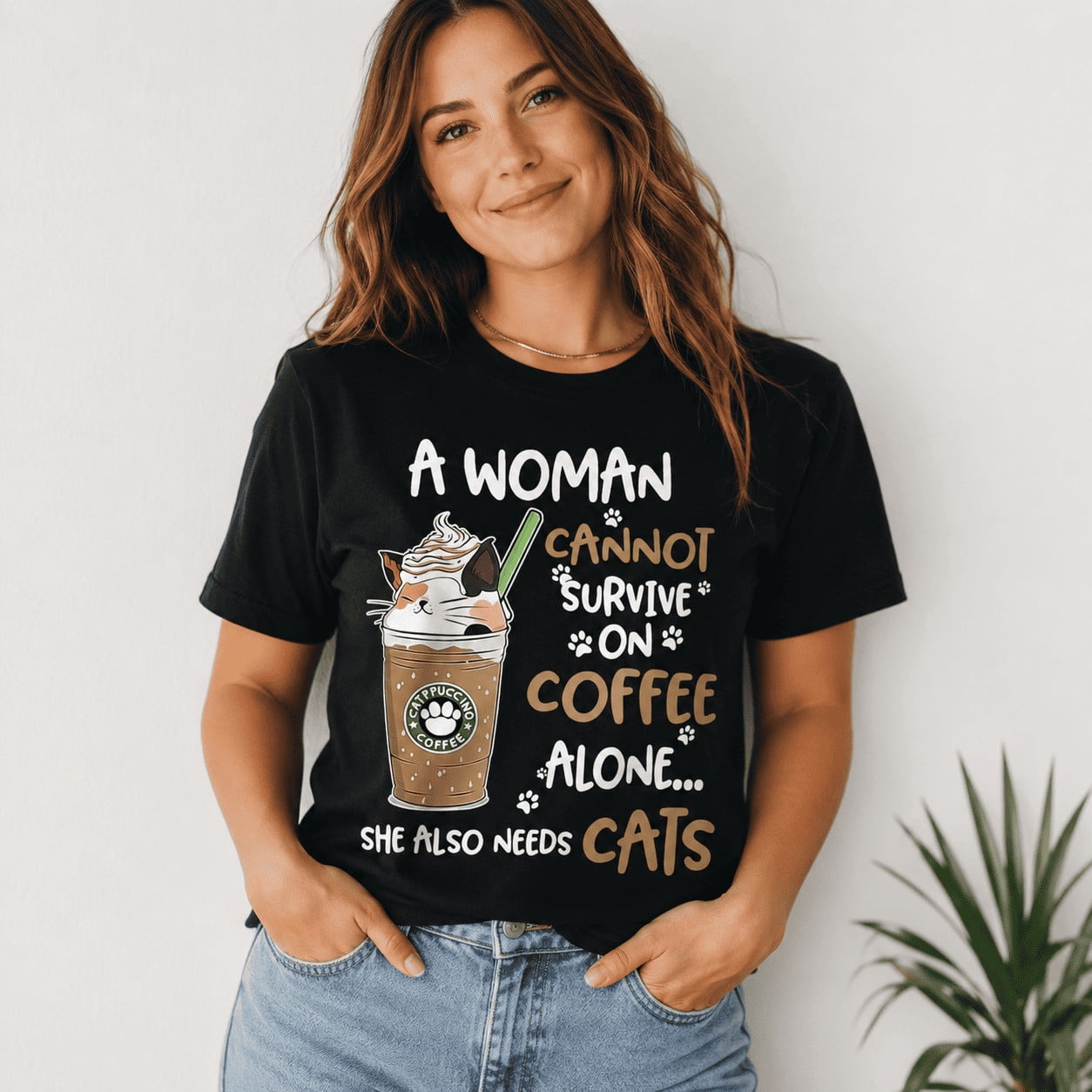 Women Funny Cat Coffee Lover Graphic T-Shirt Cute Kitty Casual Crew Neck Tee