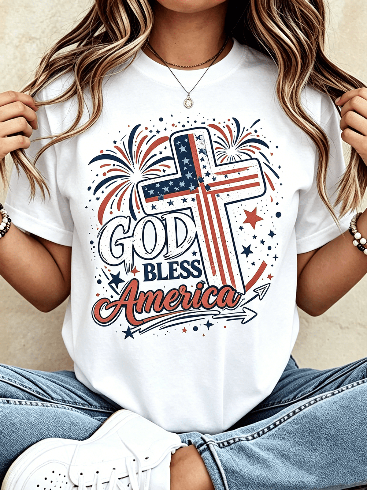 Women God Bless America Patriotic Cross Flag Graphic T-Shirt