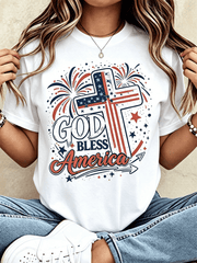 Women God Bless America Patriotic Cross Flag Graphic T-Shirt