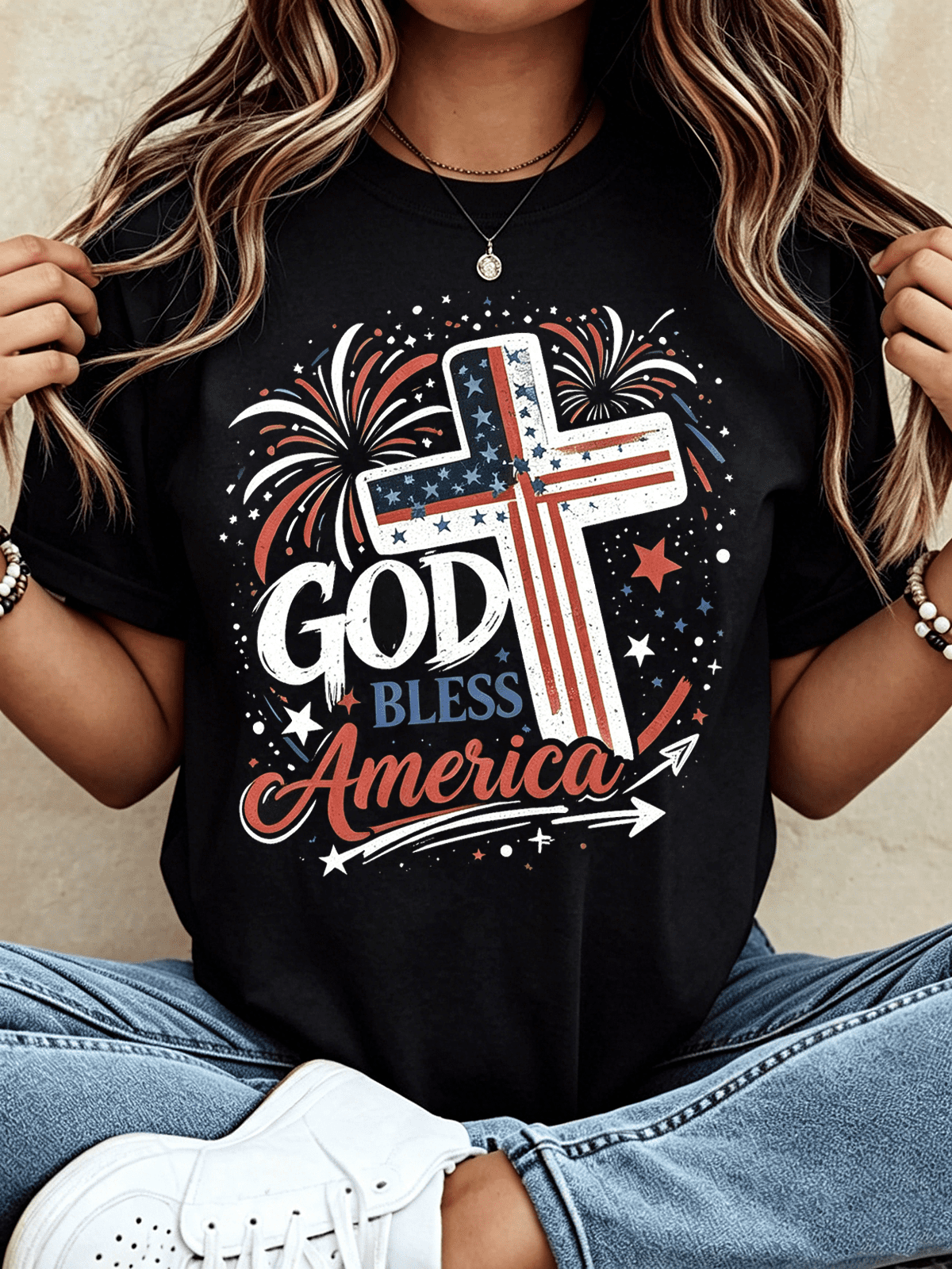 Women God Bless America Patriotic Cross Flag Graphic T-Shirt