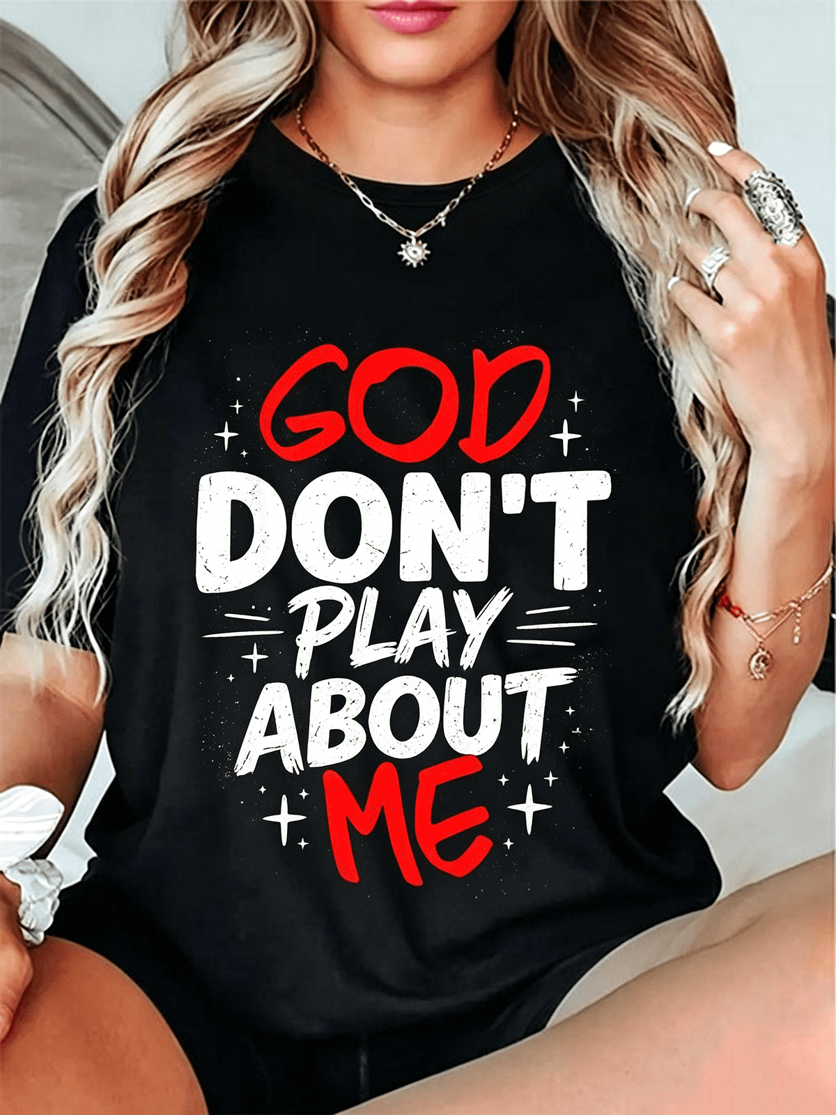 Women God Don't Play About Me Distressed Faith Graphic T-Shirt Christian Religious Casual Top