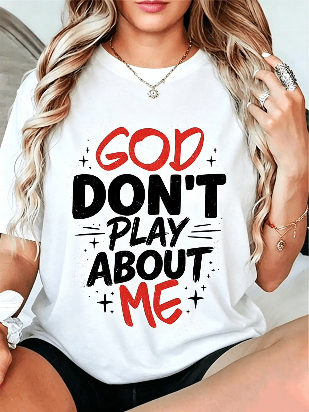 Women God Don't Play About Me Distressed Faith Graphic T-Shirt Christian Religious Casual Top