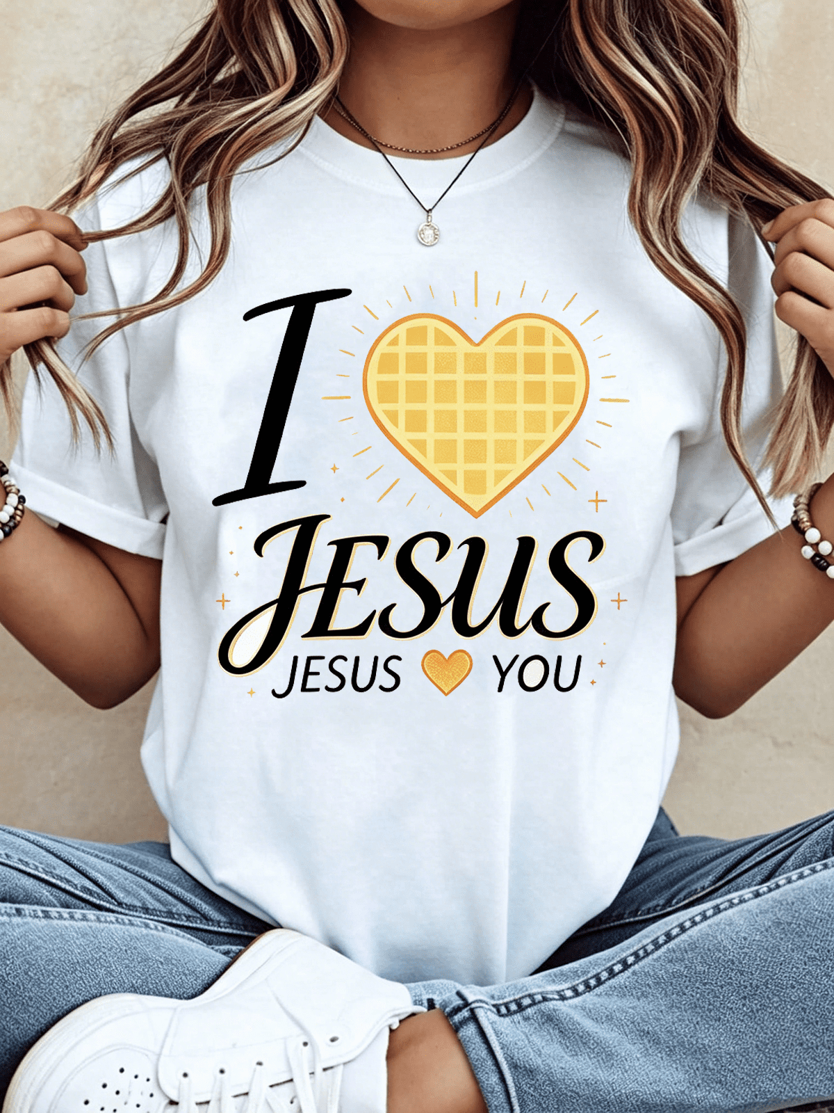 Women I Love Jesus Religious Heart Graphic Casual T-Shirt