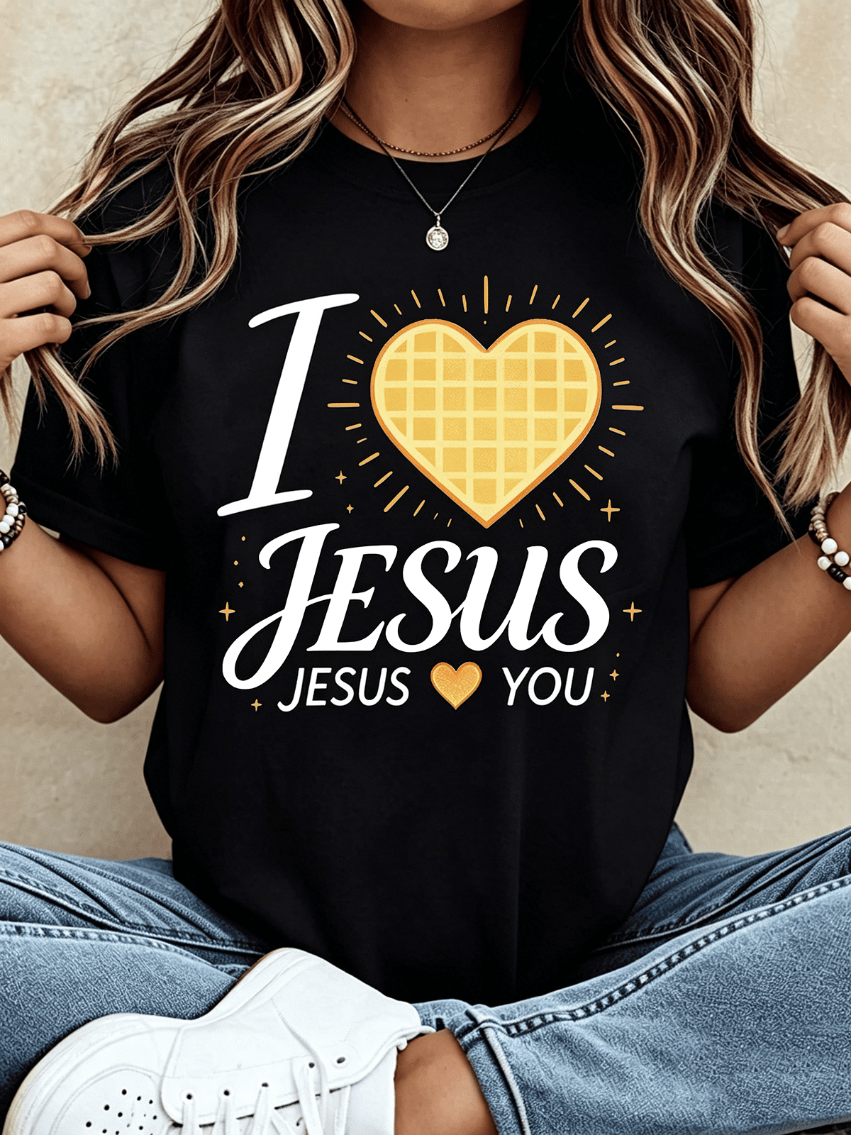 Women I Love Jesus Religious Heart Graphic Casual T-Shirt
