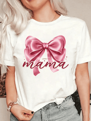 Women Love You Mama Pink Bow Graphic T-Shirt Cute Mom Gift Casual Short Sleeve Top