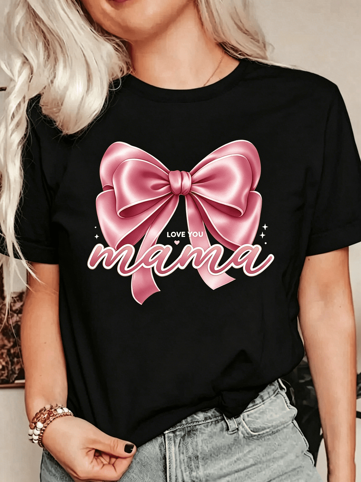 Women Love You Mama Pink Bow Graphic T-Shirt Cute Mom Gift Casual Short Sleeve Top