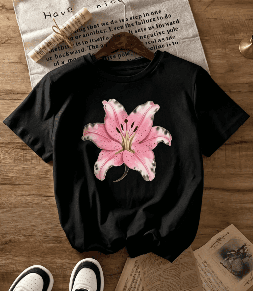 Women Pink Lily Floral Graphic T-Shirt, Short Sleeve Crew Neck Regular Fit Casual Top, Soft Breathable Flower Tee