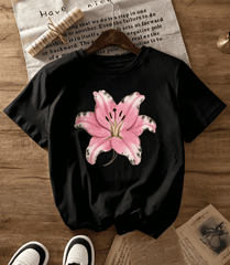 Women Pink Lily Floral Graphic T-Shirt, Short Sleeve Crew Neck Regular Fit Casual Top, Soft Breathable Flower Tee