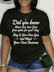 Women Plus Size Funny Sassy Slogan Graphic T-Shirt, In Your Own Lane Mind Your Own Business Casual Crew Neck Short Sleeve Tee, Daily Fashion Loose Fit Top