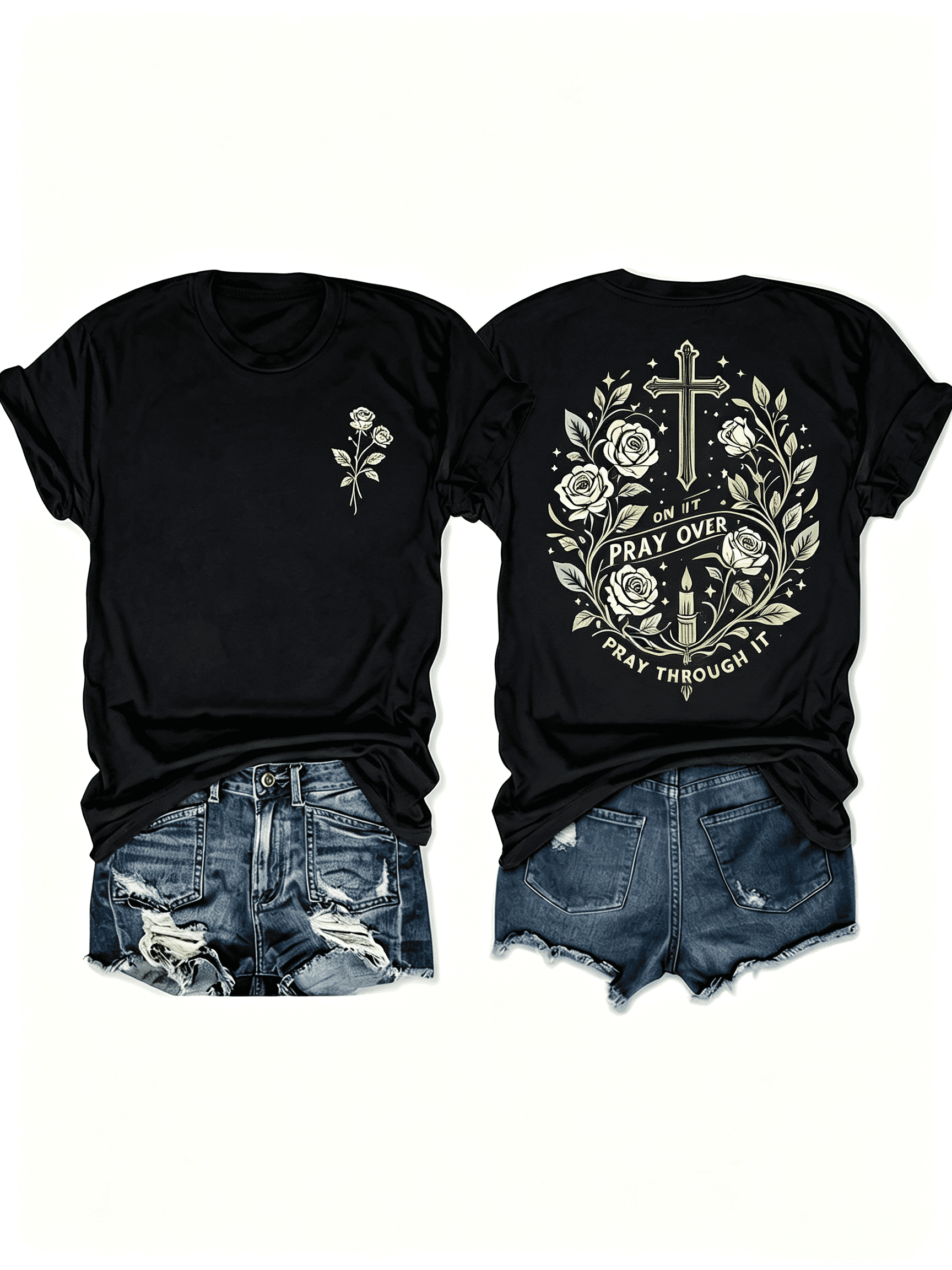 Women Pray On It Pray Over It Pray Through It Front Back Graphic Tee, Vintage Cross Rose Floral Candle Print Crew Neck Casual Summer T-Shirt