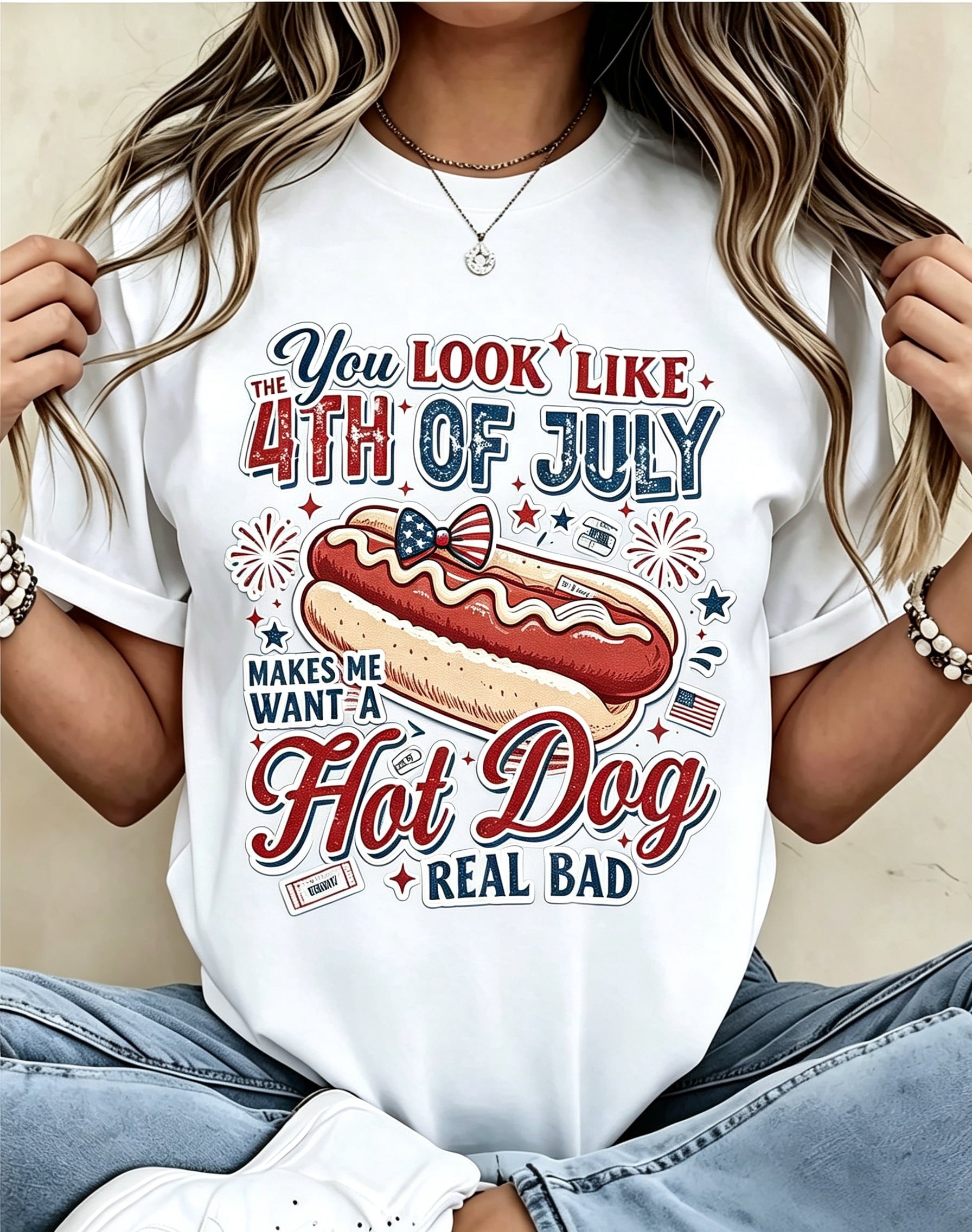 Women Retro Patriotic Hot Dog Short Sleeve Cotton Top, You Look Like The 4th Of July Funny Slogan Firework USA Flag Bow Graphic Round Neck Tee, Cute Summer Independence Day Outfit Gift For Mom Friend