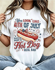 Women Retro Patriotic Hot Dog Short Sleeve Cotton Top, You Look Like The 4th Of July Funny Slogan Firework USA Flag Bow Graphic Round Neck Tee, Cute Summer Independence Day Outfit Gift For Mom Friend