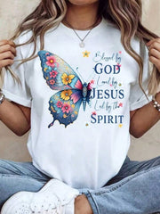 Women Round Neck T Shirt Butterfly Floral Design By God Loved By Jesus Led By The Spirit Print Short Sleeve Casual Tops For Everyday Wear