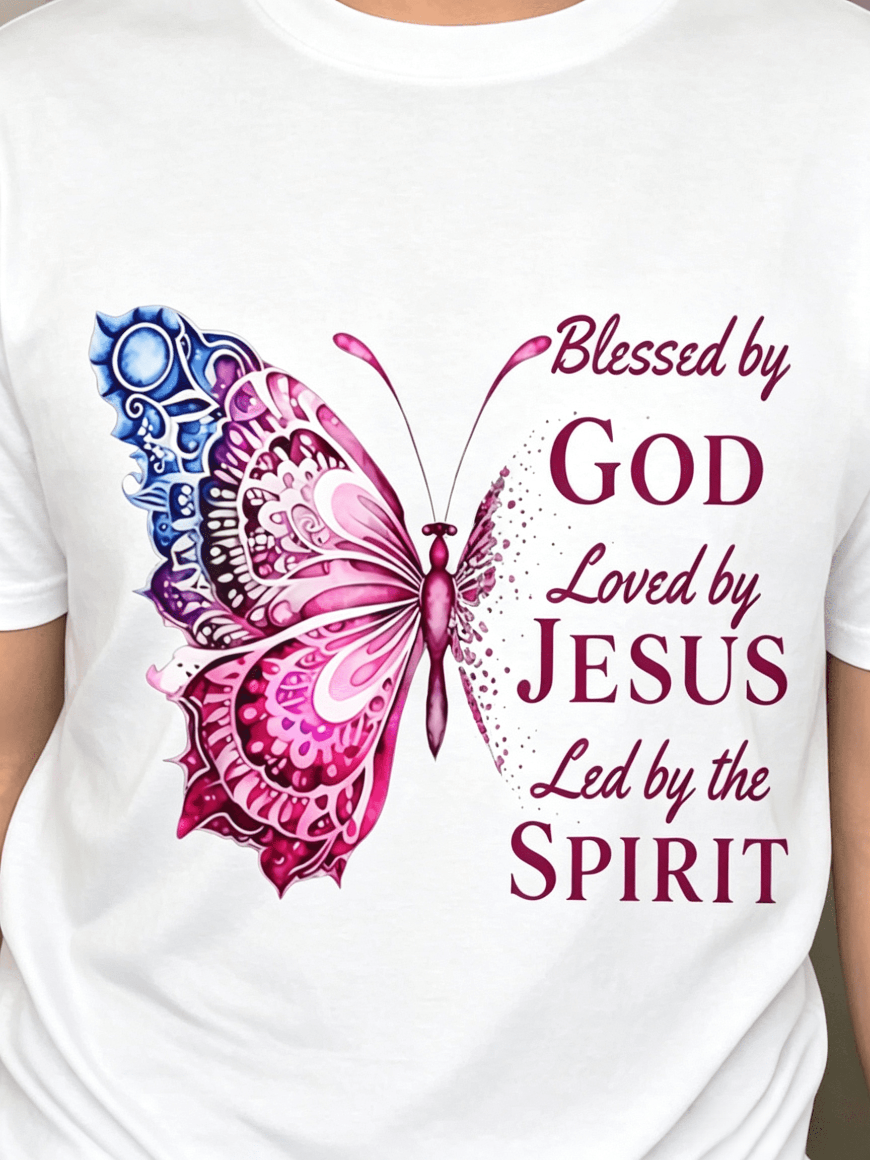 Women'S "Blessed by God, Loved by Jesus, Guided by the Holy Spirit" LED Light Butterfly Pattern T-Shirt